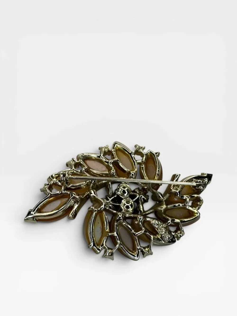 Lisner Lucite Leaf Brooch AB Crystal Floral Spray Pin Gold Tone